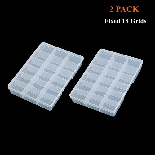 Vista 8 de Paquete de 2 cajas fijas de plástico transparente con compartimento de 18 rejillas, organizador transparente con tapa para cuentas, botón, hardware