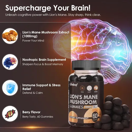 Vista 2 de Lions Mane - Gomitas de hongos para suplemento cerebral nootrópico, apoyo inmunológico, suplemento de hongos para aliviar el estrés, sabor a bayas