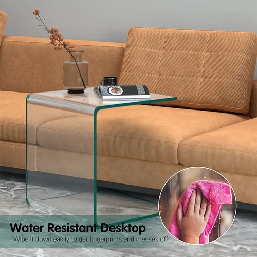 Vista 5 de Mesa auxiliar de vidrio templado, mesa de café transparente en forma de U con esquinas redondeadas y almohadilla antideslizante para el pie, mesa