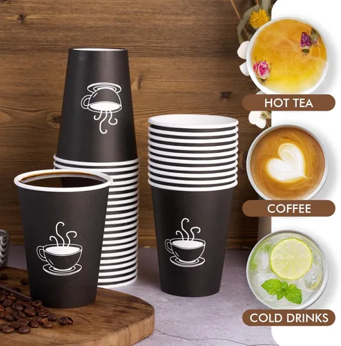 Vista 4 de TV TOPVALUE Paquete de 210 tazas de café de papel de 12 onzas, vasos de papel negro desechables para beber caliente, agua, té, utilizado