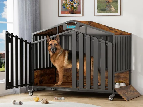 Vista 9 de EasyCom Muebles resistentes de 31 pulgadas para perros, para interiores con ruedas de 360°, jaulas decorativas para perros pequeños, jaula de madera