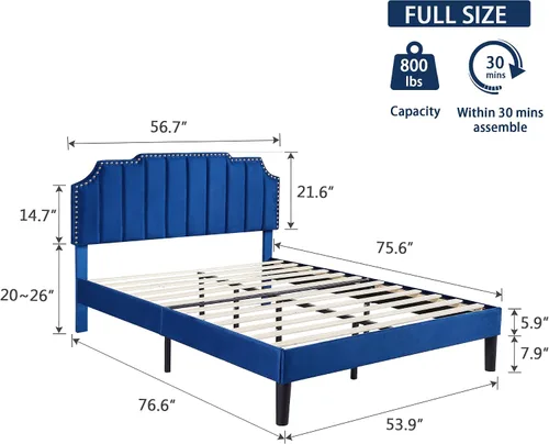 Vista 2 de VECELO Base de cama tamaño matrimonial tapizada con cabecera ajustable copetuda/base de colchón con soporte de listones de madera, fácil montaje