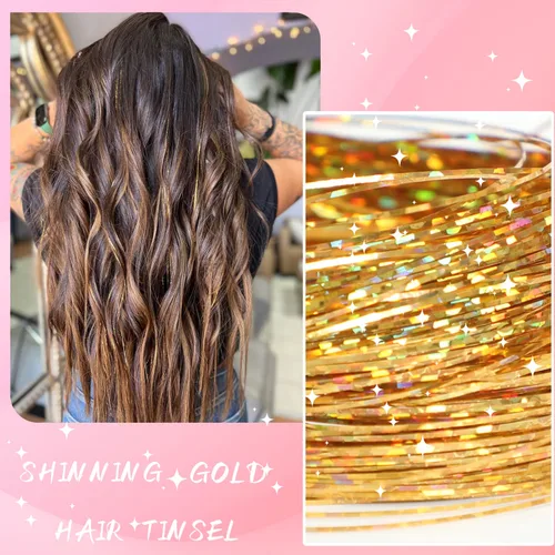 Vista 2 de Kit de oropel para el cabello con herramientas de 48 pulgadas, 1200 hebras de cabello de oropel dorado, resistentes al calor, extensiones de cabello