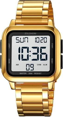 Vista 10 de Reloj digital zolohoni para hombre, relojes de acero inoxidable cuadrados, relojes de pulsera para hombre impermeables de cara grande con hora dual
