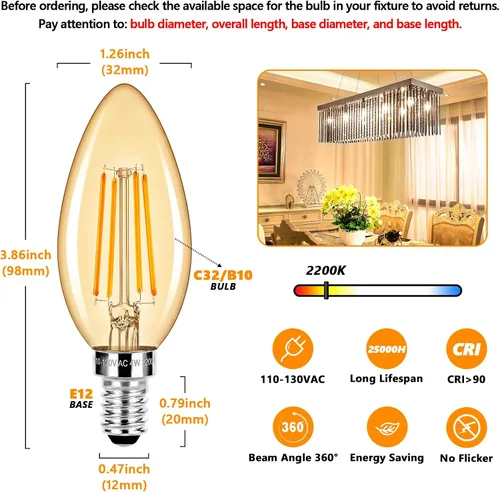 Vista 2 de E12 LED Candelabra Bulbs 40 Watt Equivalent, 4W Vintage Candle Light Bulbs Dimmable, 350Lm Amber Warm White 2200K B10 Edison Bulb, Filament Clear