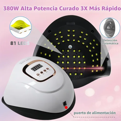 Vista 7 de Lámpara de uñas LED UV con 81 cuentas, lámparas de curado de uñas de 380 W para esmalte de gel con sensor automático/4 ajustes de temporizador