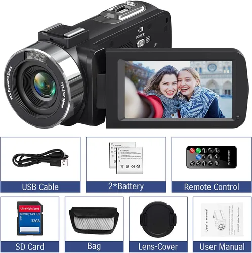 Vista 7 de Videocámara de videocámara 4K Ultra 48MP IR de visión nocturna, videocámara digital con zoom 18X, pantalla táctil de rotación de 3 pulgadas, cámara