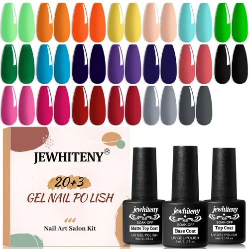 Vista 12 de JEWHITENY Juego de 30 esmaltes de uñas de 27 colores, verde, azul, rosa, naranja, Gitter Sock Off Gel Polish con capa base superior mate y brillante