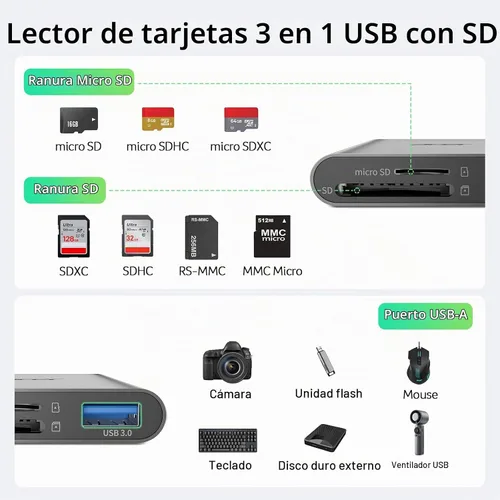 Vista 7 de Acer Lector de tarjetas SD USB C, lector de tarjetas de memoria 3 en 1 con Gris