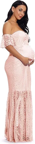 Vista 4 de ZIUMUDY Vestido de maternidad con hombros descubiertos y mangas de encaje con volantes estilo sirena para mujer, ideal para sesiones de fotos y baby