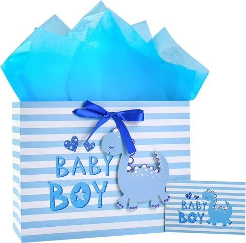 Vista 9 de Loveinside Bolsa de regalo para bebé niño con papel de seda y tarjeta de felicitación para baby shower, nuevos padres y más, diseño animal azul, 16
