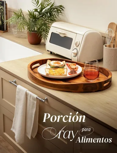 Vista 4 de TIDITA Bandeja otomana de madera de acacia con asas, redonda de 20 x 15 pulgadas, bandejas ovaladas grandes para sala de estar, bandejas de madera