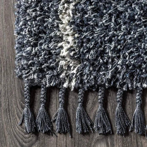Vista 4 de JONATHAN Y Mercer Shag - Alfombra de pasillo de felpa con borlas, azul/crema, 2 x 8 pulgadas, enrejado geométrico marroquí, fácil limpieza para sala