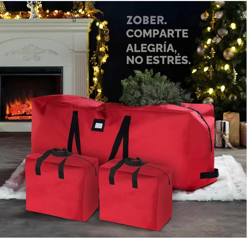 Vista 2 de ZOBER Bolsa de almacenamiento para árbol de Navidad, para árboles artificiales, bolsa de guirnalda, (juego de 3 piezas), material impermeable Rojo