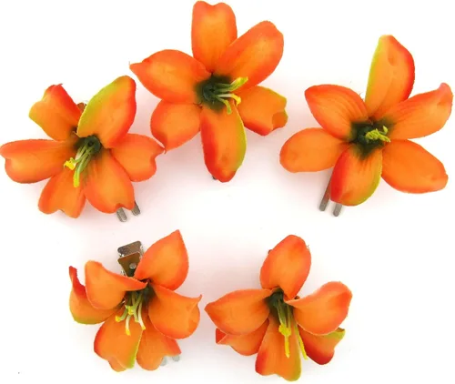 Vista 3 de Pinzas para el cabello de flores de seda con lirio naranja tropical de 2 pulgadas, 5 piezas, Naranja (Tropical Orange)