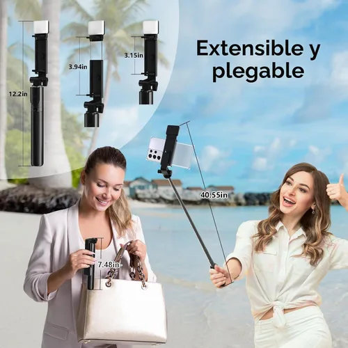 Vista 6 de Selfie Stick, trípode retráctil de 40 pulgadas para teléfono con control remoto inalámbrico y luz, trípode portátil para selfie stick