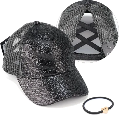 Vista 66 de C.C Gorra de béisbol de malla con diseño de estrella brillante, gorra de camionero ajustable para moño o cola de caballo Una banda elástica-negro
