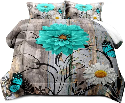 Vista 2 de LUVIVIHOME Juego de edredón floral verde azulado, tamaño Queen, juego de ropa de cama de dalia turquesa y margarita blanca, margarita azul