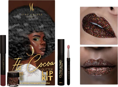 Vista 2 de SG STAY GOLDEN COSMETICS It's Cocoa Glitter Lip Kit sin delineador de labios, a prueba de manchas, larga duración, 2 onzas