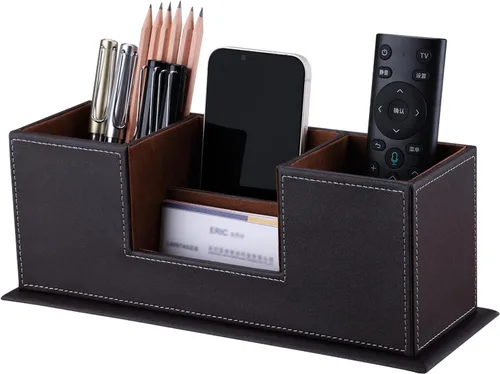 Vista 12 de KINGFOM Organizador de escritorio para suministros de oficina, caja de almacenamiento de piel sintética, 4 compartimentos divididos para bolígrafos