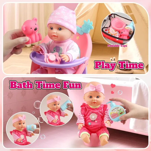 Vista 7 de Juego de Cochecito de Muñeca Bebé - Una Muñeca Bebé de 12.5" con Accesorios para Muñecas y 2 Juegos de Ropa, Cochecito de Muñeca para Niños Pequeños