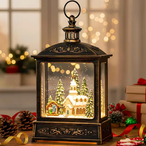Vista 22 de Globo de nieve de Navidad con agua brillante de muñeco de nieve con música y temporizador, linterna iluminada con pilas para regalos de decoración