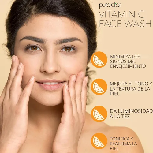 Vista 2 de PURA D'OR Limpiador facial con vitamina C de 8 onzas, limpiador facial rico en antioxidantes para un brillo radiante y un tono de piel uniforme