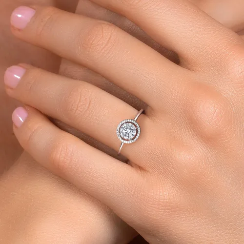 Vista 81 de Gem Stone King Anillo de compromiso de boda de oro blanco de 10 quilates con piedra natal y halo de diamantes Redondo de 0.236 in Anillo de oro