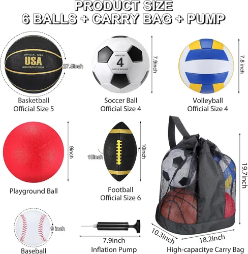 Vista 2 de Realspring Juego de 6 pelotas deportivas múltiples para niños y adolescentes, tamaño oficial, fútbol, voleibol, pelota de juegos infantiles, béisbol