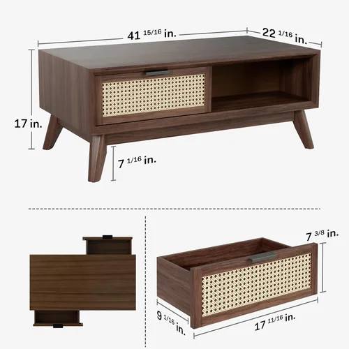 Vista 2 de Bme Mesa de centro moderna de madera maciza con almacenamiento, diseño de ratán acento, perfecta para sala de estar, nogal, mediana