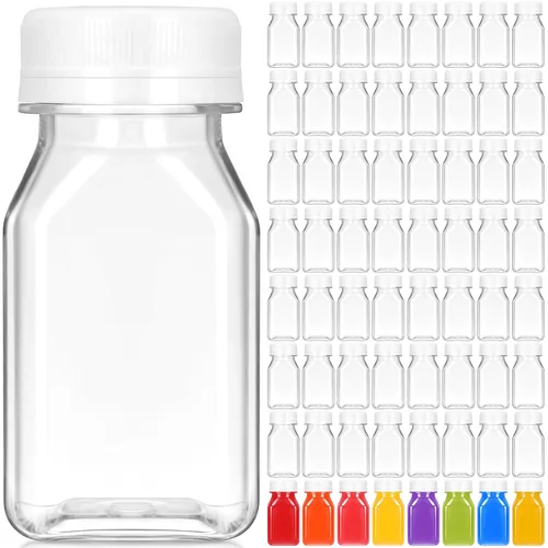 Vista 12 de Gerrii 75 botellas de plástico para jugo de 4 onzas con tapa, pequeñas botellas transparentes reutilizables con tapas, recipientes a granel, aptas