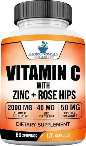 Vista 6 de American Standard Supplements Vitamina C 2000mg, Zinc 40mg, y Escaramujo 50mg por Porción – Vegano, Sin Gluten, Sin OMG (60 Unidades)
