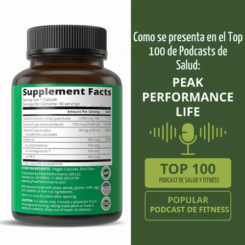 Vista 6 de Peak Performance Vitaminas D 5,000 UI + A + K + E Todo en 1 Cápsula Vegana Fácil de Tragar. Suplemento Vitamínico ADK con E D3 K2. Vitaminas