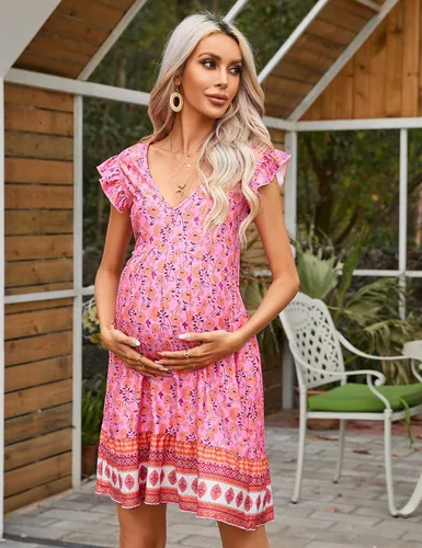 Vista 5 de Women's Ruffle Cap Sleeveless V Neck Floral Boho Midi Dress