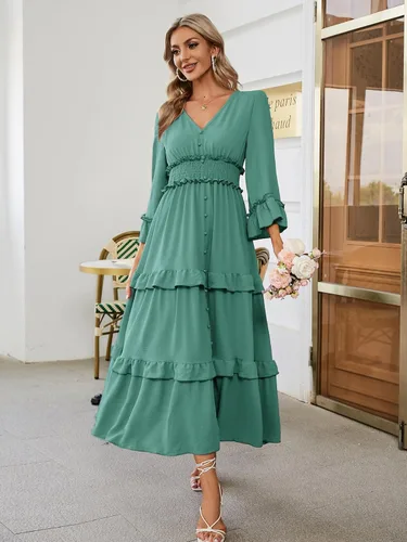Vista 5 de Amegoya Vestido largo de manga larga con cuello en V bohemio para mujer, de verano, para invitadas de boda, de estilo fluido, para compromisos