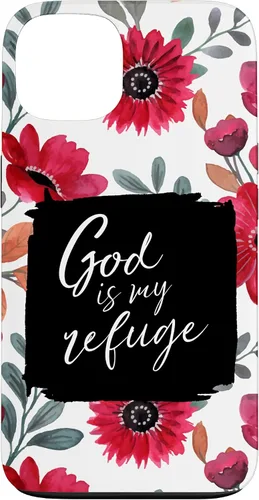 Vista 7 de God is My Refuge - Carcasa para iPhone 16, diseño de flores rojas con versículo bíblico del Salmo 91