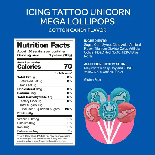 Vista 2 de Unicorn Mega Lollipops – Caja a granel de 5 libras (120 unidades) – Sabor de algodón de azúcar – Tatuaje de glaseado revelación de género Ventosas