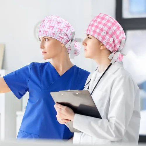 Vista 6 de HooLing 6 unidades de gorras para médico y enfermera, ajustable, con botones, con banda para el sudor y lazo