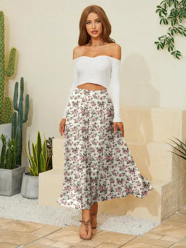 Vista 3 de NASHALYLY - Faldas largas de gasa, acampanadas, plisadas, con cintura alta y elástica para mujer Albaricoque Rosa Floral