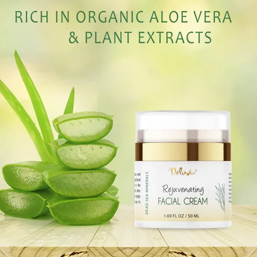 Vista 8 de Deluvia Crema facial rejuvenecedora Aloe Vera orgánico, aceite de coco, vitamina C + E Minerales del Mar Muerto Loción facial diaria para piel