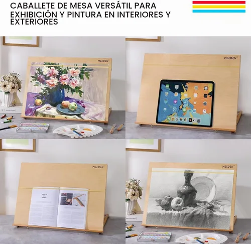 Vista 6 de MEEDEN Caballete de mesa A2 de madera para pintar, tablero ajustable de dibujo y boceto de 5 posiciones con correa para el hombro, caballete