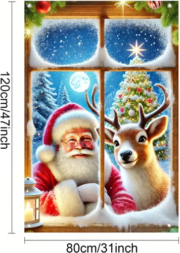 Vista 3 de BlissYard Cubierta de ventana de Navidad de 31 x 47 pulgadas, Papá Noel y reno, escena de nieve de invierno, decoración de vacaciones, fondo festivo