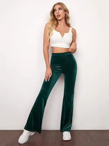 Vista 5 de Floerns Pantalones largos de terciopelo con pierna acampanada y cintura alta para mujer