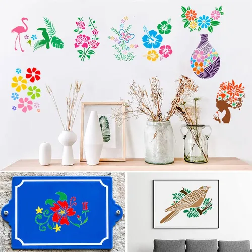 Vista 5 de Rolin Roly 20 plantillas de flores, plantillas de pintura de pájaros, ramas de árbol de pájaros, plantillas de dibujo de hojas de flores, plantillas