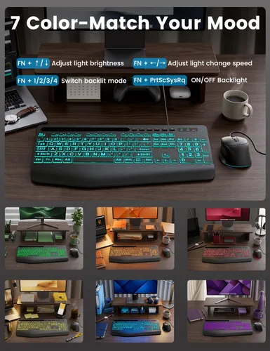 Vista 3 de Combo de teclado y mouse con cable, retroiluminación de impresión grande, reposamuñecas ergonómico, 6 DPI RGB para PC/Windows, ideal para personas