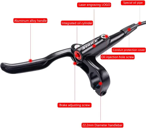 Vista 2 de Cyclon Juego de Frenos de Disco Hidráulicos MTB, Frenos Hidráulicos de Aleación de Aluminio Negro/Rojo para Bicicleta de Montaña, Freno Hidráulico
