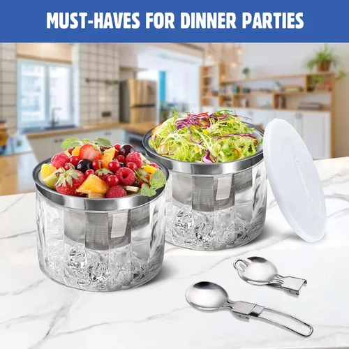 Vista 4 de LIMOEASY Paquete de 2 tazones pequeños refrigerados para servir, 25 onzas, cuenco enfriado con hielo para salsas con tapa para fiestas, plato