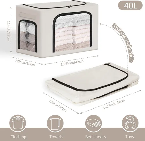 Vista 3 de GuliPostan Paquete de 3 contenedores apilables de almacenamiento de ropa de 40L con asas de marco de metal y cremallera, caja organizadora plegable