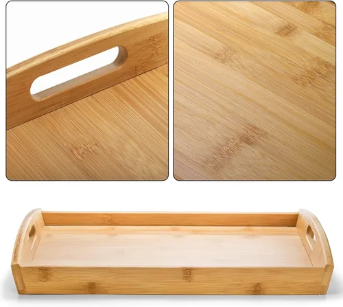 Vista 4 de Peohud Paquete de 4 bandejas de bambú para servir con asas, bandeja rectangular de comida de cocina para comer, bandejas de cena para comer