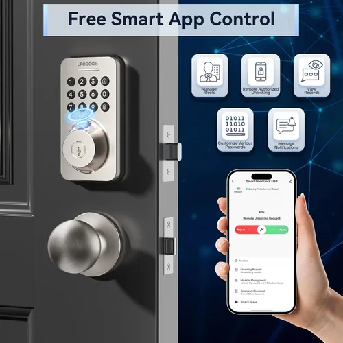 Vista 3 de U68W WiFi Fingerprint Smart Door Lock with Knob Set, Satin Nickel